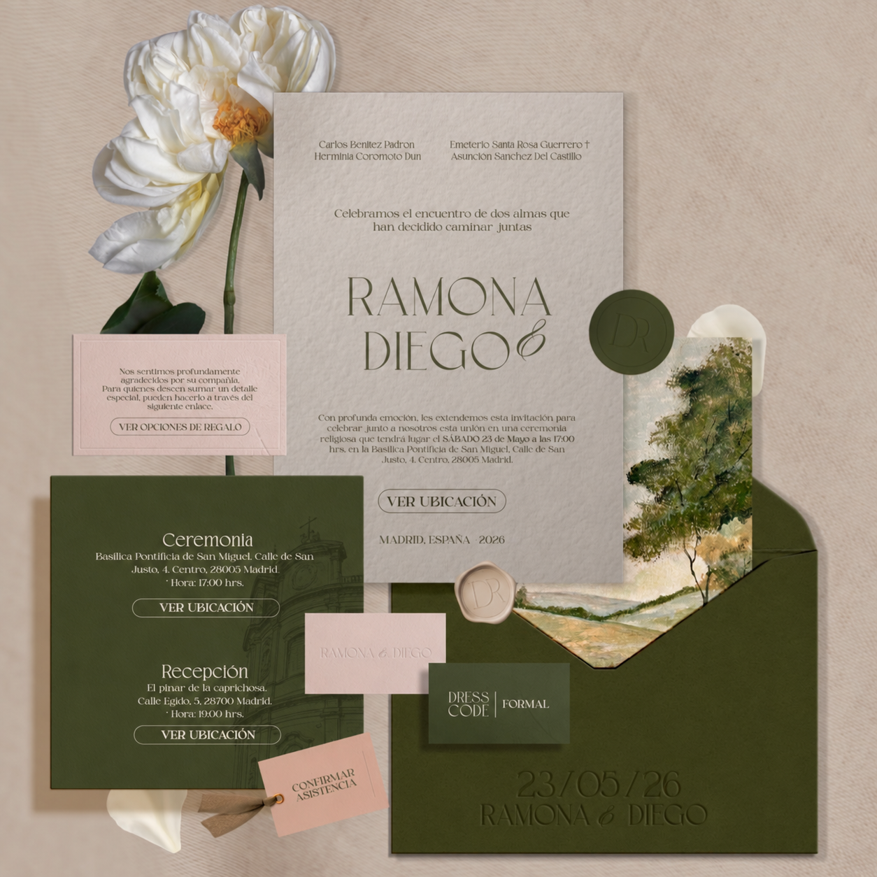 Invitación de boda de Ramona y Diego en verde oliva con lacre, sobre con forro acuarelado y peonía blanca