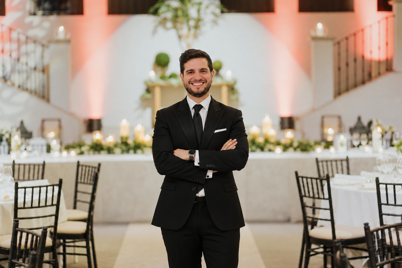 Nelson, de esmoquin y con los brazos cruzados, sonríe en una recepción decorada con velas y flores