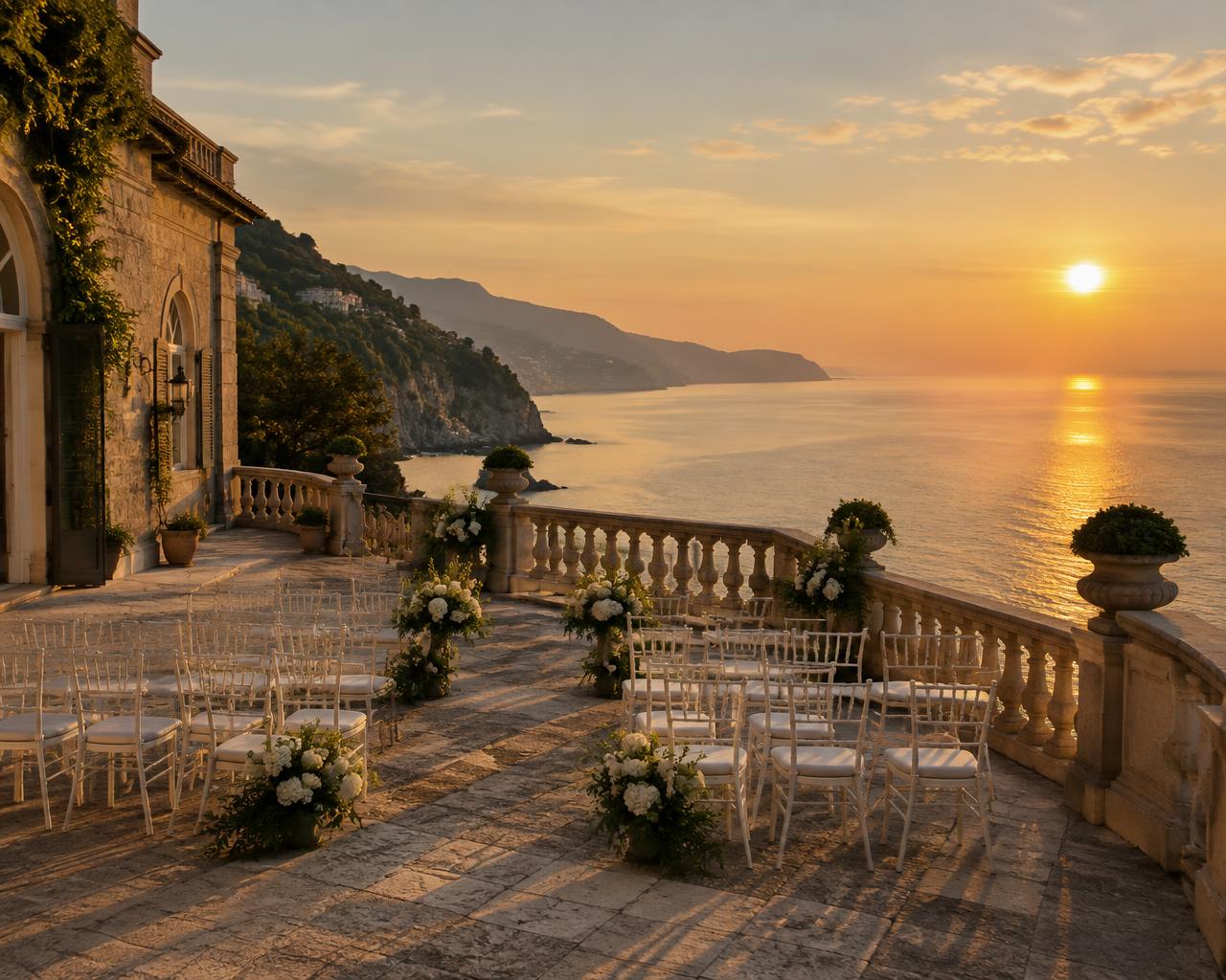 Terraza junto al mar preparada para una ceremonia
